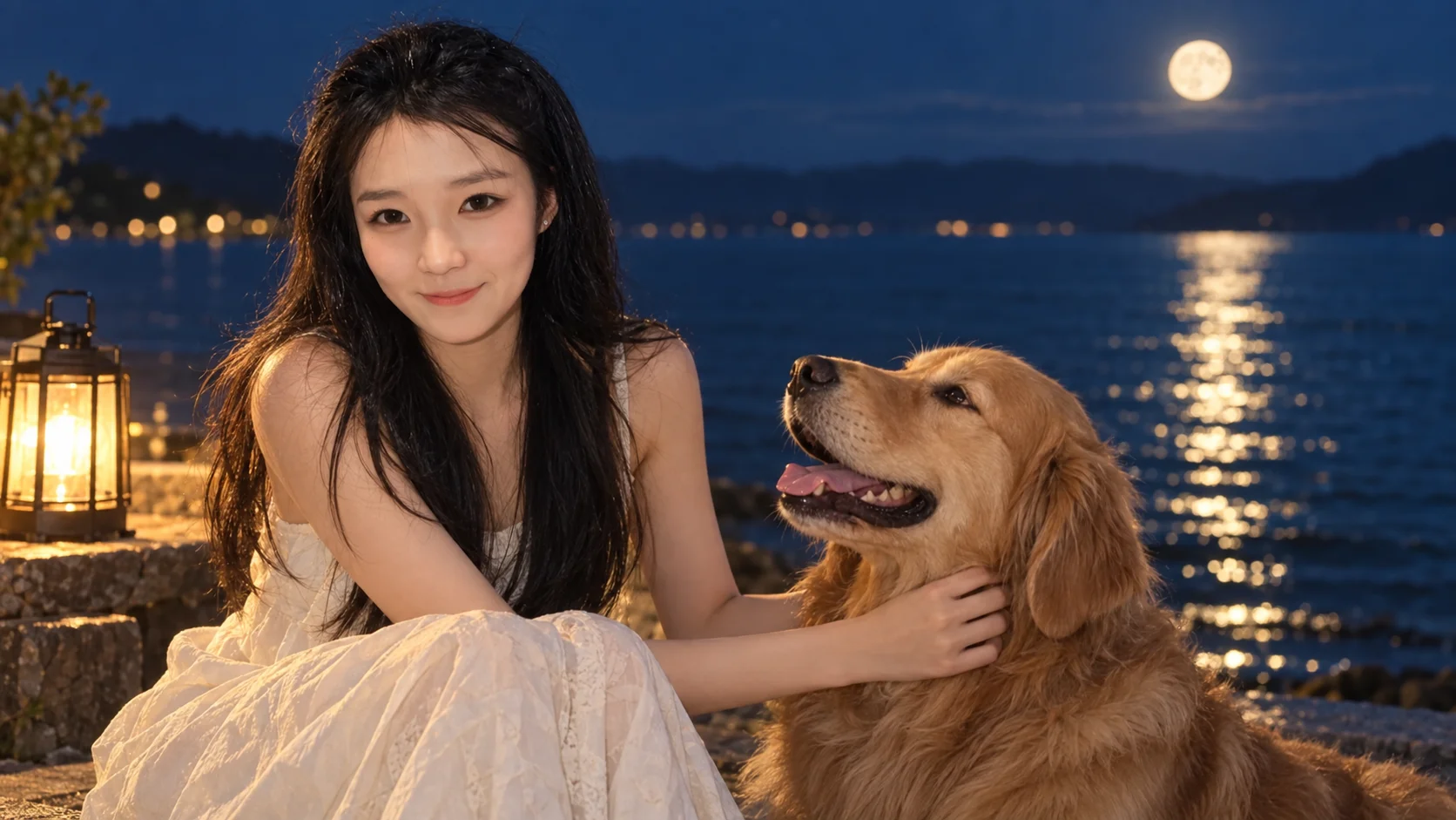 梦境场景：石蕾与小狗在温暖的灯光下互动